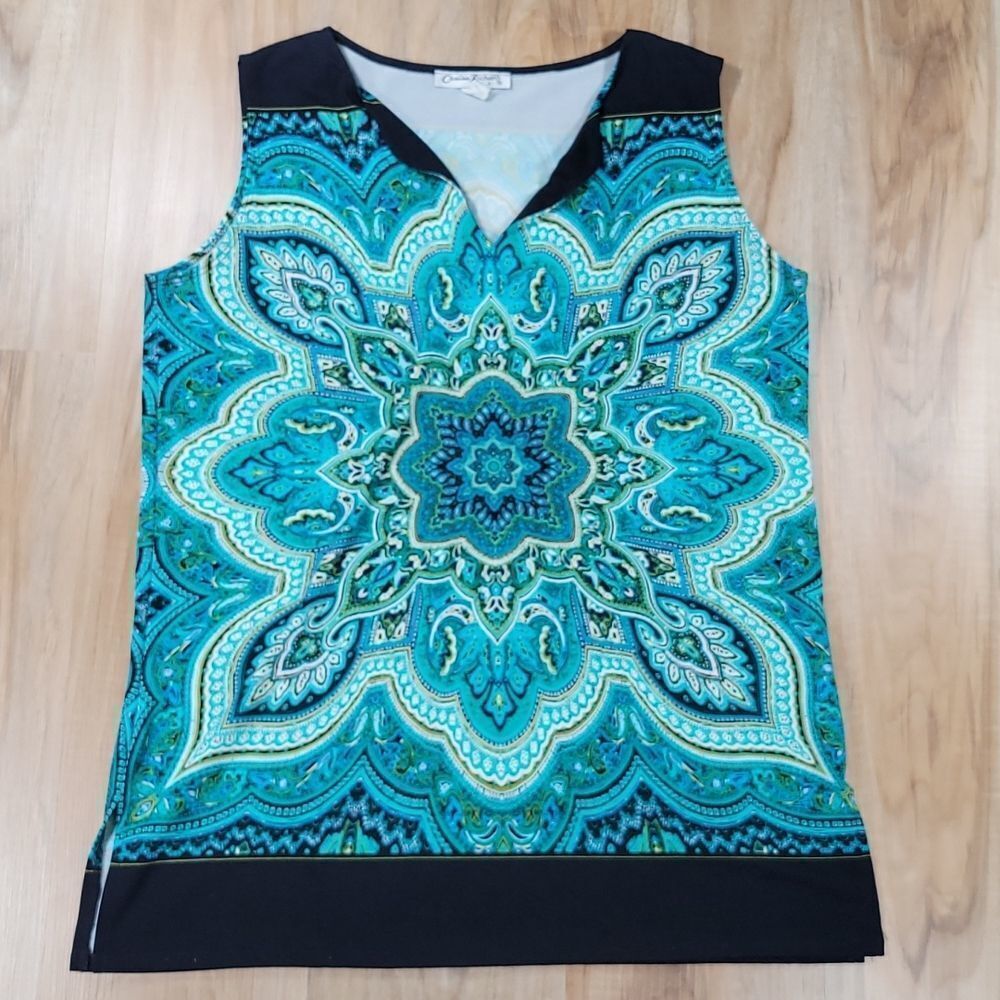 💛Claudia Richard Turquoise & Black Scroll Print Sleeveless Top Large
